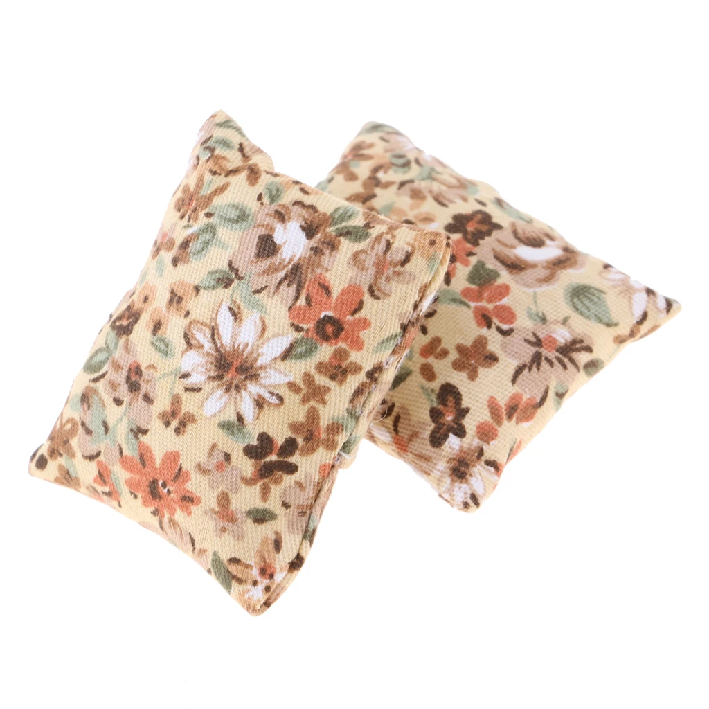 2 Pieces 1/12 Scale Floral Pillow Cushion For Doll House Sofa Bed Accessory