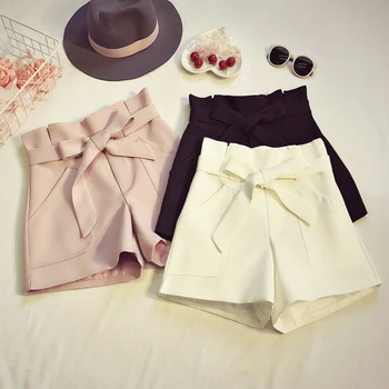 

2020 New Fashion Spring Summer Women's High Waist Shorts Solid Color Lady Students All-match Bow Tie Wide Leg Shorts