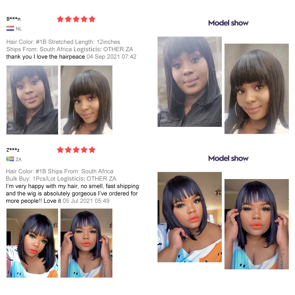 SSH Short Human Hair Wig with Fringe for Women Straight Remy Hair Bob Wigs With Bangs Dark Brown Balayage Highlight Ombre Color