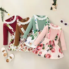 Ensemble 2 pièces pour bébé fille, haut à manches longues, col à volants, T shirt, jupe florale, vêtements d'automne