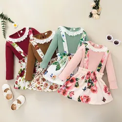 2 pçs do bebê menina saia suspender conjunto de manga longa topos criança plissado colarinho camiseta saia floral outono conjunto roupas menina