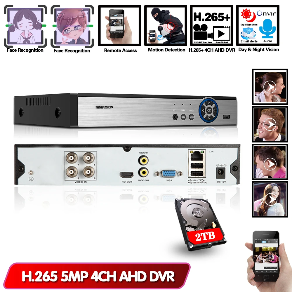 Face Detection 5MP AHD DVR NVR CCTV 4CH 8CH 1080P 4MP 5MP Hybrid Security DVR Recorder Camera Onvif RS485 Coxal Control P2P View