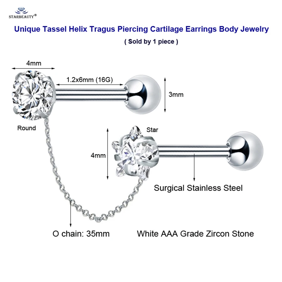 Starbeauty 1 шт. 1,2*6 мм 16 г серьги с кисточками пирсинг ушей кристалл круглая звезда хрящевой пирсинг Спираль пирсинг для пупка серьги-гвоздики