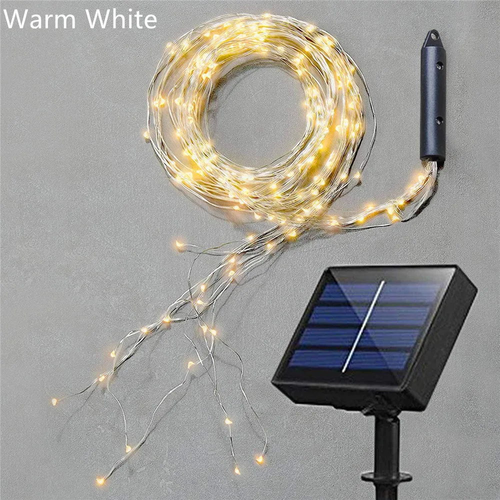 Guirnalda de luces LED con forma de cascada solar para exteriores, adornos navideños 2024, guirnalda de luces LED impermeables para árbol de Navidad