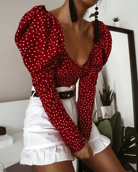 

V-Neck Vintage Red Polka Dot Blouse Print Shirt Office Lady Wrap Top Elegant Blouse Women Puff Long Sleeve Sexy Crop Top Lace-Up