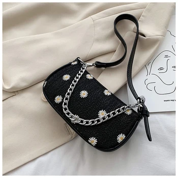 

Embroidery Daisy Straw Bags for Women 2020 Linen Style Summer Rattan Wicker Bag Mini Shoulder Bag Baguette Shape Flower Handbags