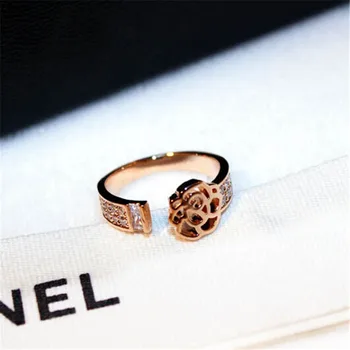 

2020 New Fashion Camellia Flower Cubic Zircon Adjustable Rings For Female Party Bague Accessories Elegant black Exquisite gift