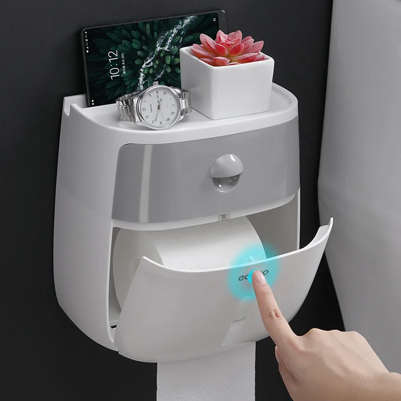 Cat Proof Covered Toilet Paper Roll Holder Dispenser Container Waterproof Adhesive Bathroom Tissue Dispenser Box with Drawer Phone Shelf Storage GREENWISH Toilet Paper Holder Wall Mount NoDrills