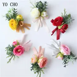 YO CHO, искусственный цветок, мужские свадебные корсажи, Свадебный браслет из цветов, шелк, роза, жених, бутоньерка, сделай сам, свадебные