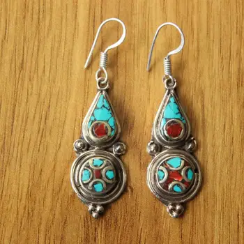 

ER179 Nepal Hand Jewelry Tibetan Ethnic Earrings For Lady Vintage Copper Inlaid Turquoises Coral Stone Dangle Earring