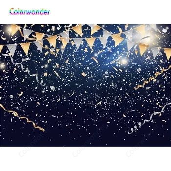 

7x5ft Wedding Party Photocall Dark Blue Background Photography White Polka Dots Golden Flags and Ribbons Twinkle Stars Backdrops
