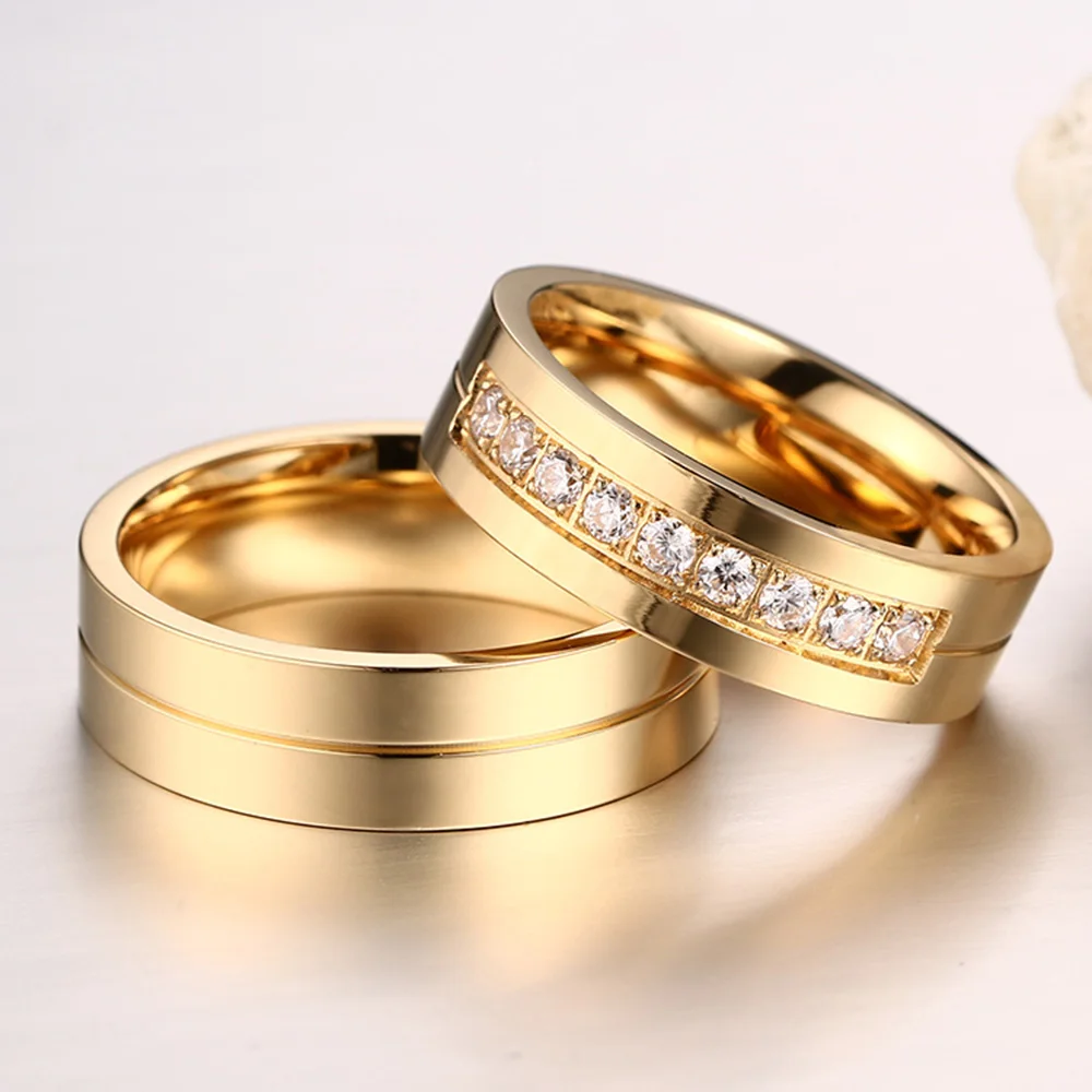 Парное кольцо с фианитом AAA + Золотое для женщин и мужчин титановое влюбленных