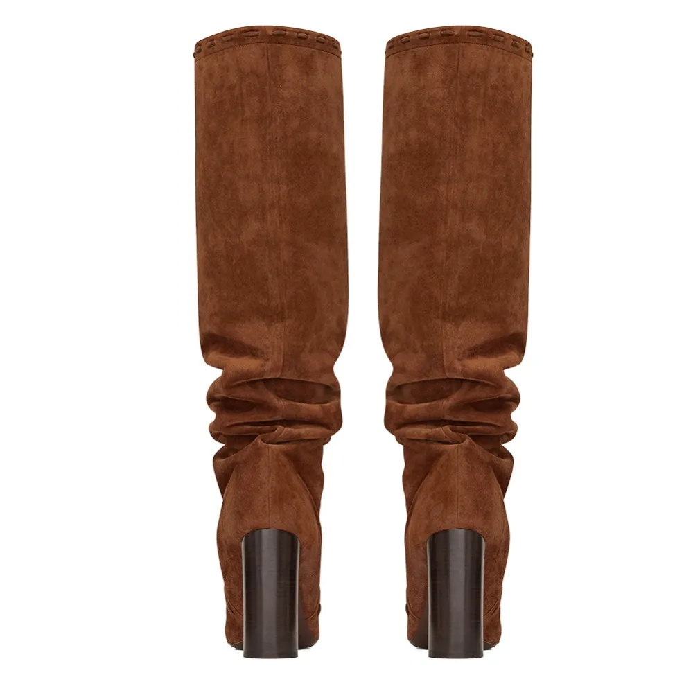 Aiyoway/Дизайнерские женские сапоги до колена из искусственной замши с кисточками; женские сапоги с острым носком на высоком массивном каблуке; Цвет черный, коричневый