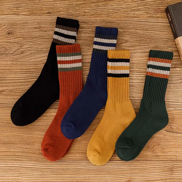 Winter Men's Cotton Tube Socks Harajuku Retro Thick Warm Striped Plus Size Long Terry Socks 5 Pair 1