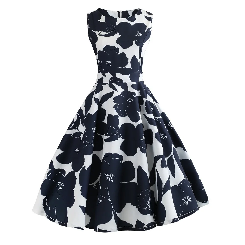 Floral Print Vintage Dress Sleeveless O-Neck Summer Pin Up Women Rockabilly A-Line Party Dresses Feminino Vestidos | Женская одежда