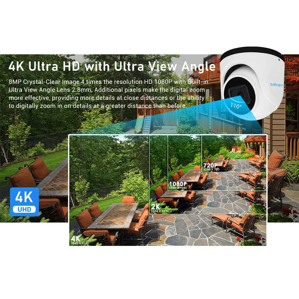 Инфракрасная купольная IP камера Brillcam 4K/8MP UHD с объективом 2 8 мм PoE IP67 защищенная от