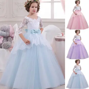 

Kids Princess Formal Wedding Dress Tulle Lace Embroidery 3/4 Sleeve Maxi Party For 5-12Y