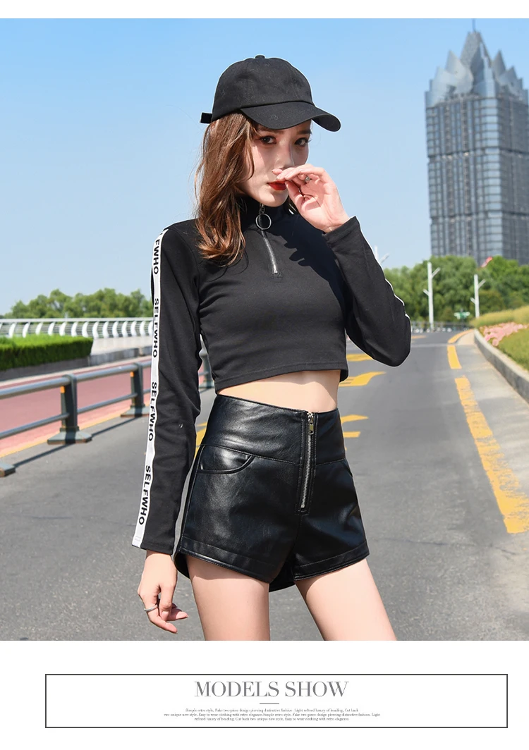 Корейские шорты из искусственной кожи женские осенние зимние черные шорты с высокой талией женские короткие брюки с молнией спереди Короткие Брюки с карманами