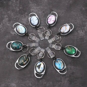 

1 PC Fashion Marble Pattern Oval Retractable Badge Reel Anti-Lost Belt Clip Metal ID Card Badge Holder Pull Buckle Stationery