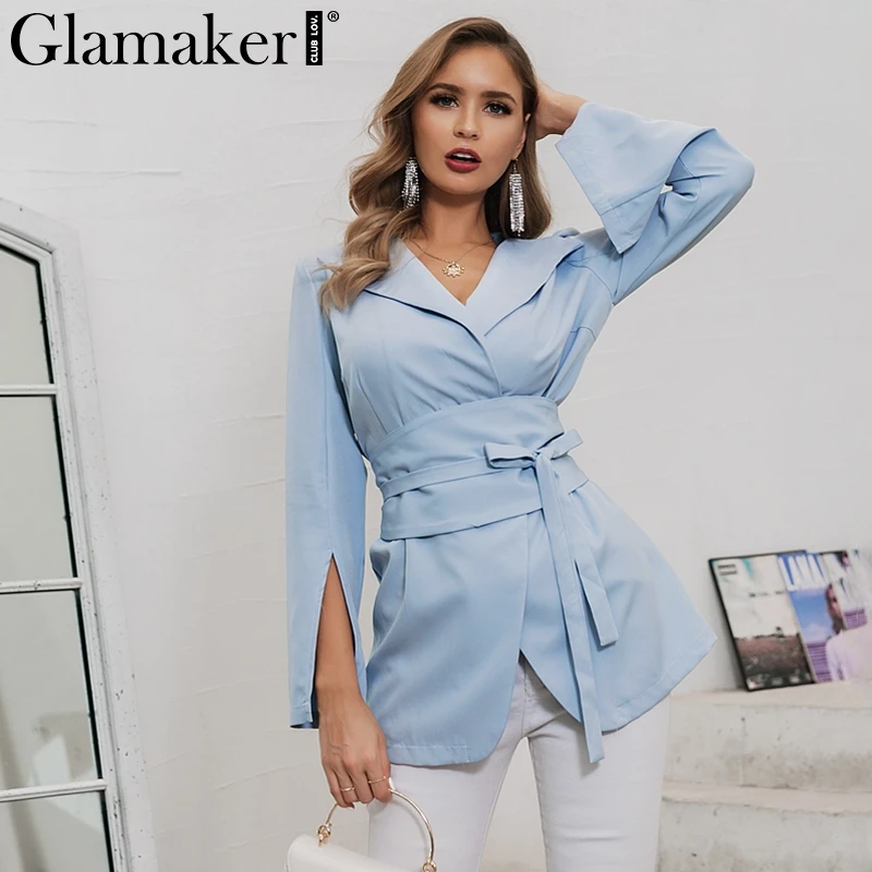 Женское офисное платье блейзер Glamaker элегантное синее приталенное с длинным
