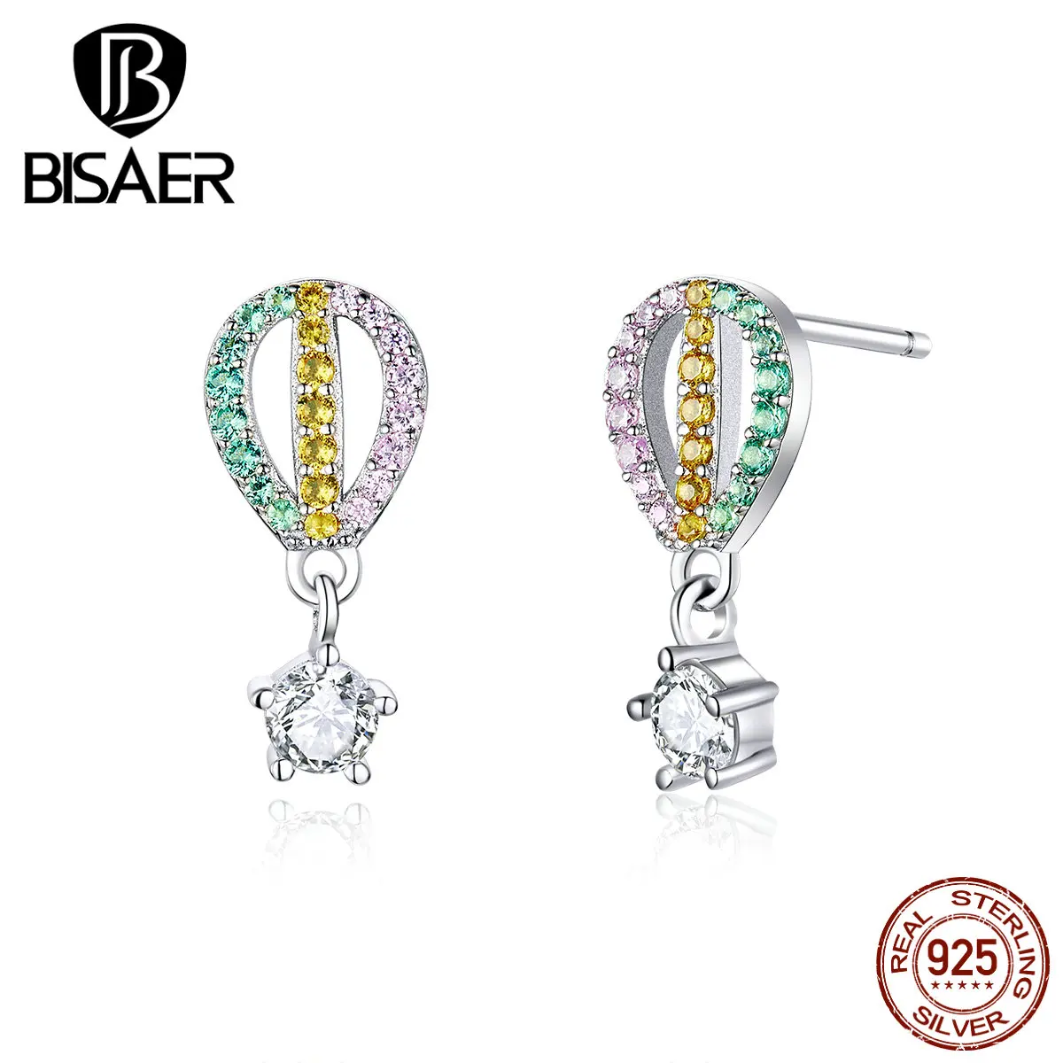 

Air balloon Jewelry BISAER 925 Sterling Silver Colorful Crystal Zircon Stud Earrings for Women Sterling Silver Jewelry ECE770
