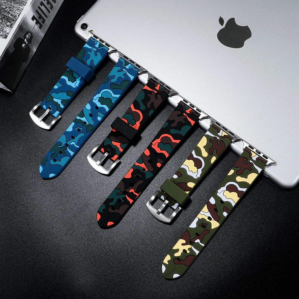 

Ремешок Камуфляжный для Apple Watch Band 44 мм 40 мм 45 мм 41 мм 44 iWatch 42 мм 38 мм, силиконовый браслет для Apple Watch Series 5 4 3 SE 6 7
