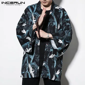 

INCERUN Chinese Style Printed Men Shirts Kimono Streetwear Cardigan Long Sleeve Tops Open Stitch Men Breathable Shirt Plus Size