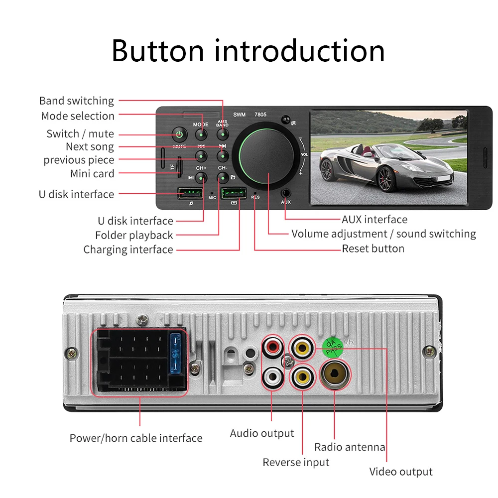 AMPrime Car Auto Radio 1 din 12V Bluetooth Stereo Audio MP5 Player FM Radio Receiver Support Aux Input SD USB MMC Remote Control