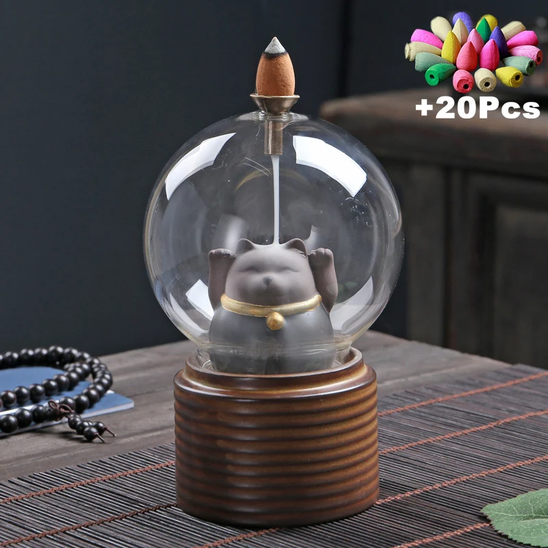 With 20Cones Lucky Cat Ceramic Ornament Round Ball Windproof Burner Backflow Incense Burner Home