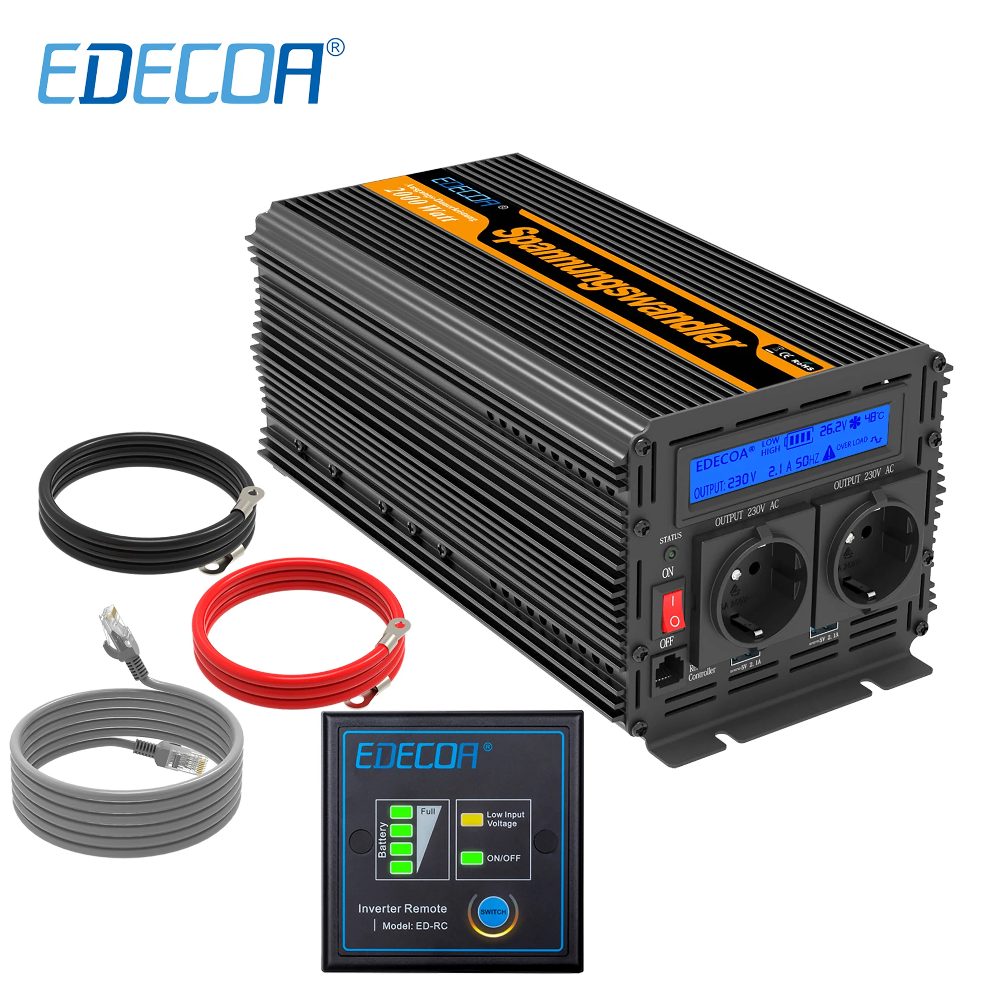EDECOA DC 24V to AC 220V 2000w modified sine wave power inverter with LCD display remote control 5V 2.1A USB off grid inverter