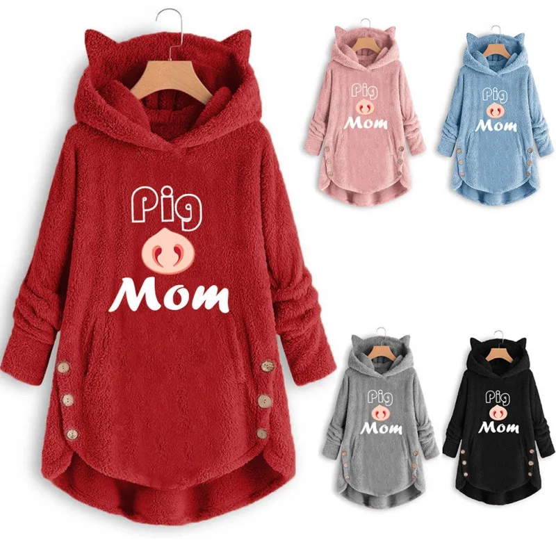 Women hoodies sweatshirt Winter Plush Coat Fleece Casual Hooded Hoody Cute Cat Ear Printing Pocket Pullover Irregular Hoodie 5XL