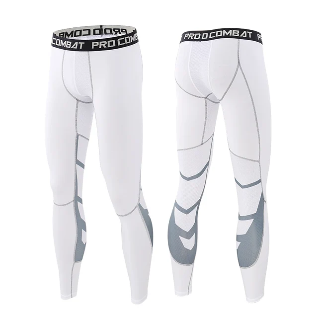 Men's Lycra Compression Pants Cycling Running Basketball Soccer Elasticity Sweatpants Fitness Tights Legging Trousers Rash Guard 1607-White Gray