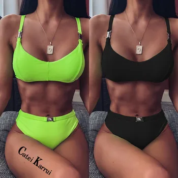 

Catei Karrui 2020 new women's swimsuit high waist plain bikini metal button swimsuit sexy bikini essential for seaside travel