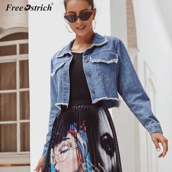 

Free Ostrich Women Basic Jeans Jacket Coat Button turn-down Collar Long Sleeves Single Breast Slim Women Denim Jacket N30