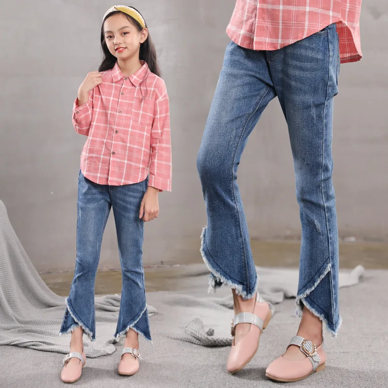 Girls Bell Bottom Jeans 2019 New Design Big Girls Elastic Waist Denim Flare Pants 8-16 years Students Autumn Girl Jeans Kids