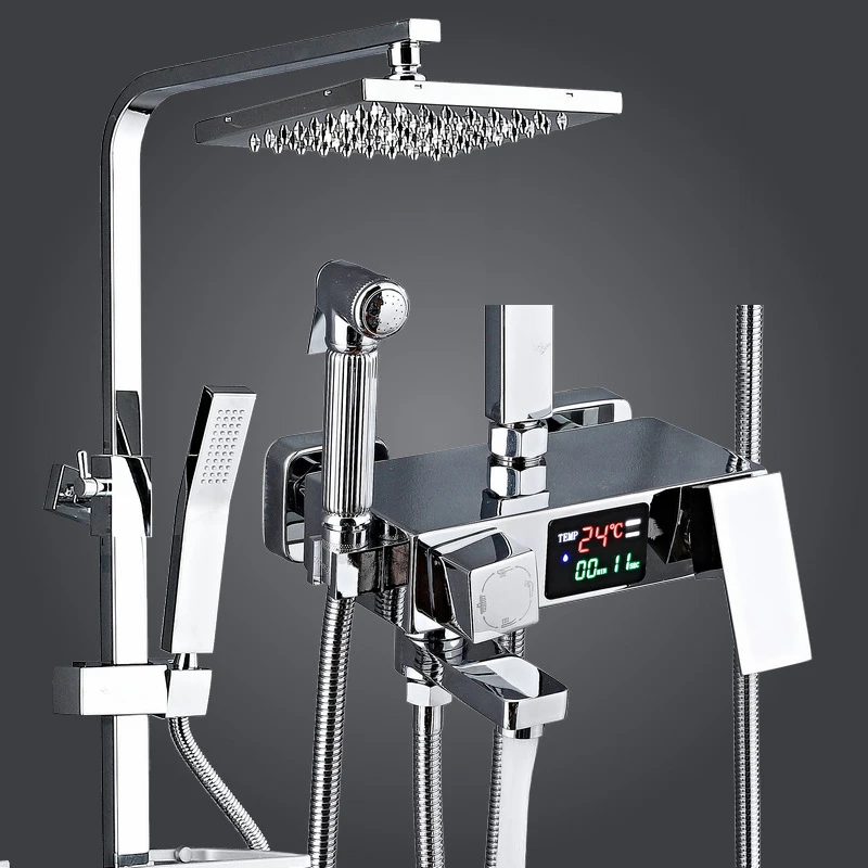 LED Digital Shower Set Chrome Bathroom Faucets Thermostatic Shower Mixer System SPA Rainfall Hot Cold Bath Tap Wall Mount Grifos