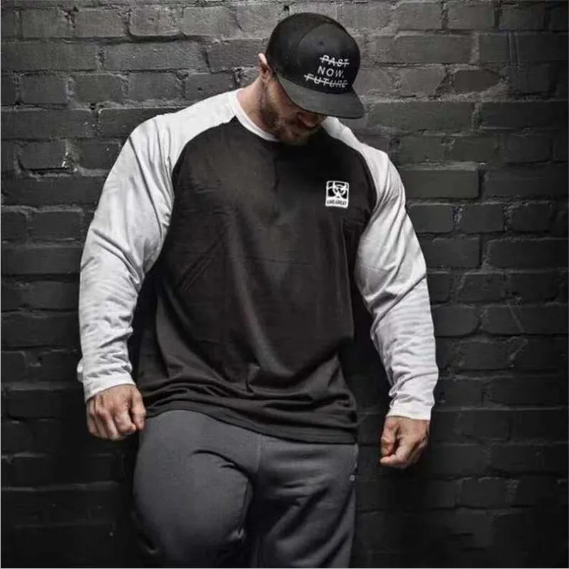 

Spring 2020 Muscle fitness clothing men's stitched long sleeve T-shirt cotton collared shirt training running clothing
