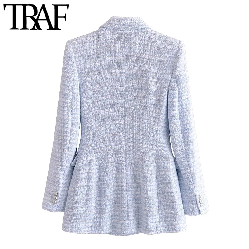TRAF Women Fashion Double Breasted Tweed Check Blazer Coat Vintage Long Sleeve Pockets Female Outerwear Chic Veste