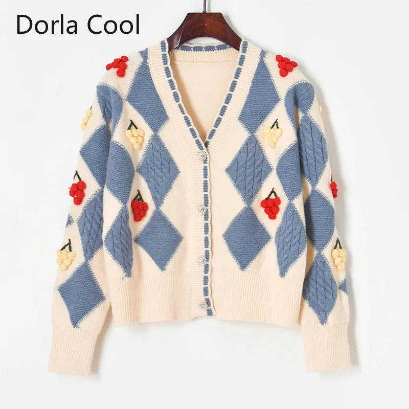 

New Luxury Knitted Women Cardigans Autumn Winter Thick Jacquard rhombus Balls Patchwork Sweaters V-neck Diamonds Buttons Coat