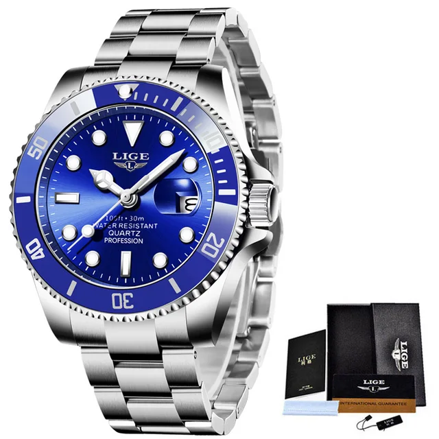 LIGE Top Brand Luxury Fashion Diver Watch Men 30ATM Waterproof Date Clock Sport Watches Mens Quartz Wristwatch Relogio Masculino Silver blue
