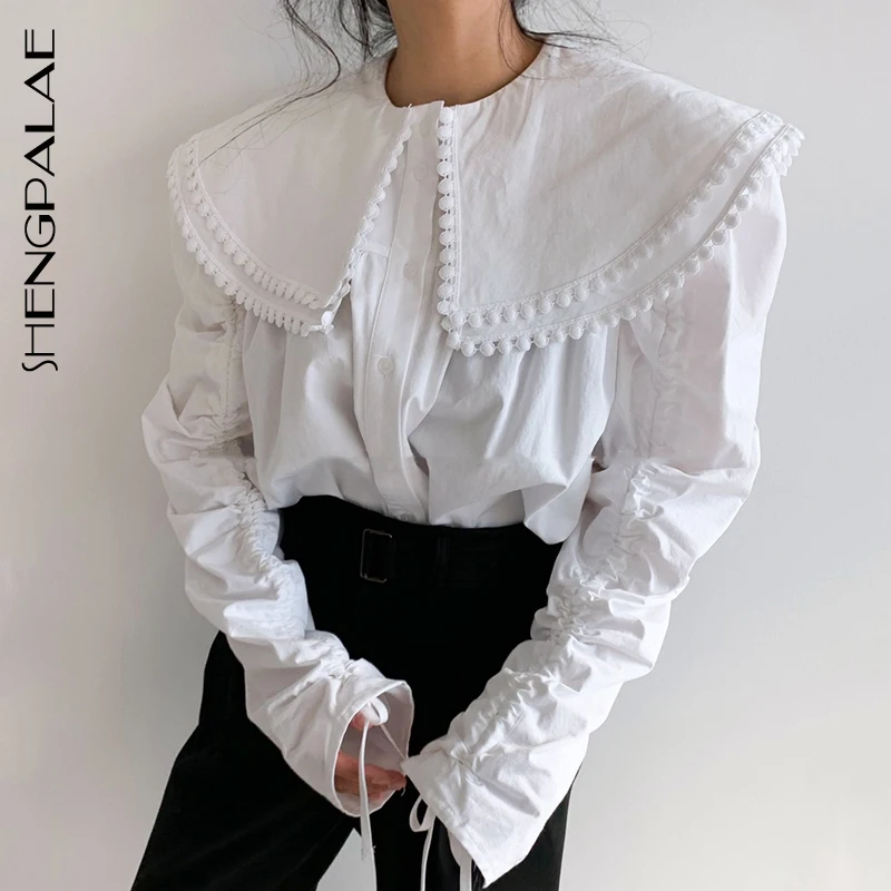 

SHENGPALAE Double Layer Peter Pan Collar Solid Color Shirt Women 2020 New Spring Court Style Single Breasted Lace-up Tops 5D367