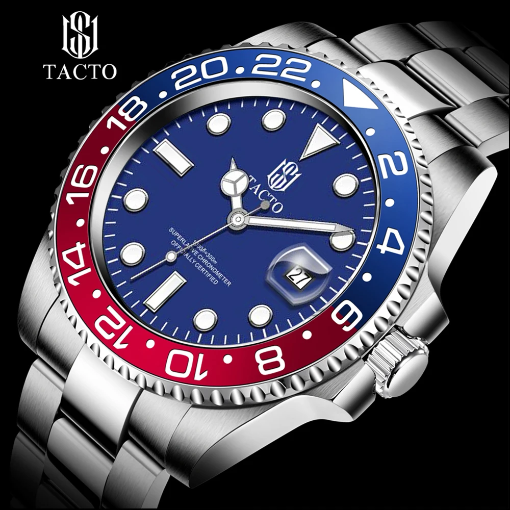 2021 TACTO Mens Watches Top Brand Luxury Gmt-Driver Sports Watches Black Steel Case Rotated Male Wrist Watch Relogios Masculinos