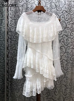 

2019 Autumn Winter Fashion Sexy Party Club Dresses Women Cascading Ruffle Lace Patchwork Long Sleeve Asymmetrical Dress Events