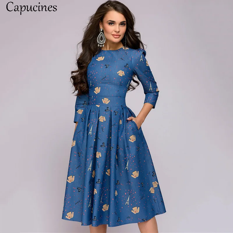 Denim Blue Capucines Темно-синее платье Рукава 3/4 напечатанный Платье женское весна лето марочный карманный A-линии Повседневная Платье Elegent Бальные платья - Цвет: Denim Blue