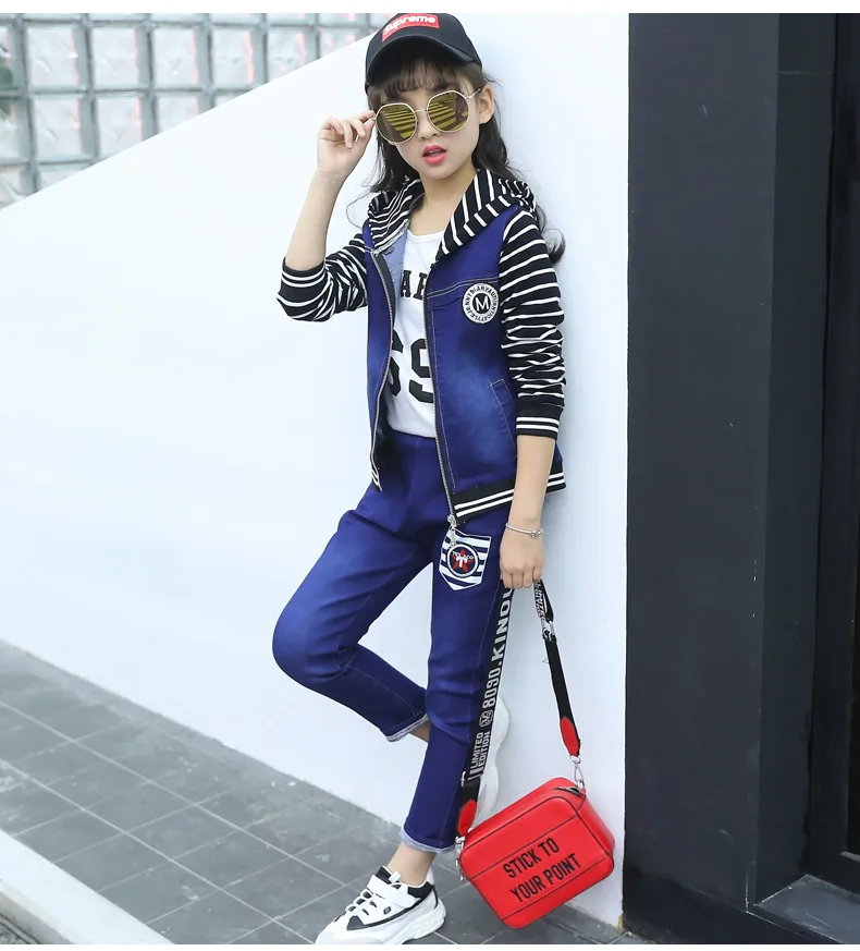 Girls 4-14 Years Casual Fashion Letters Print Stripes Jeans Coats+Blue Washed Jeans Pants Clothing Sets Spring Autumn Jeans Sets