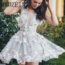 Новинка, Серебряное платье для выпускного вечера, 3D цветок, глубокий v-образный вырез, короткие вечерние платья без рукавов, платья для выпускного вечера