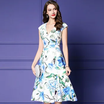 

Women dress Slim Summer dress printing sleeveless High waist V-Neck A-Line dress Women AK9182
