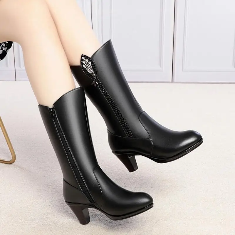 Fashion women's boots 2020 winter new Genuine Leather High heel riding boots wool Mid-Calf boots Women's black plus size shoes