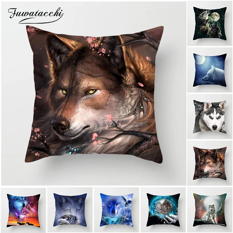 

Fuwatacchi 3D Fluorescence Wolf Cushion Cover Polyester Dog Tiger Animal Pillow Cover for Sofa Living Room Home Decor Pillow