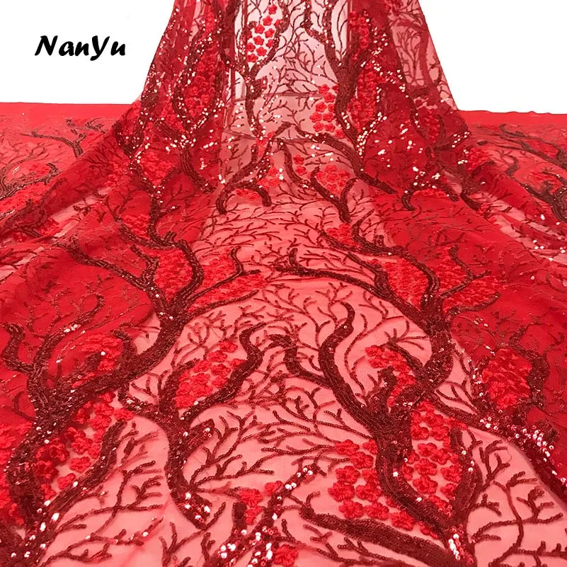 

Beautiful Embroidery Lace Fabric Red Sequins Lace Embroidered Fabric 5 Yards/lot For Sewing Clother